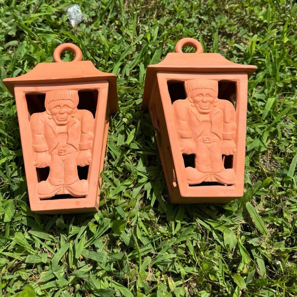 4 1980’s Terracotta Halloween Spooky Face Trick or Treat Bag Planters Luminary